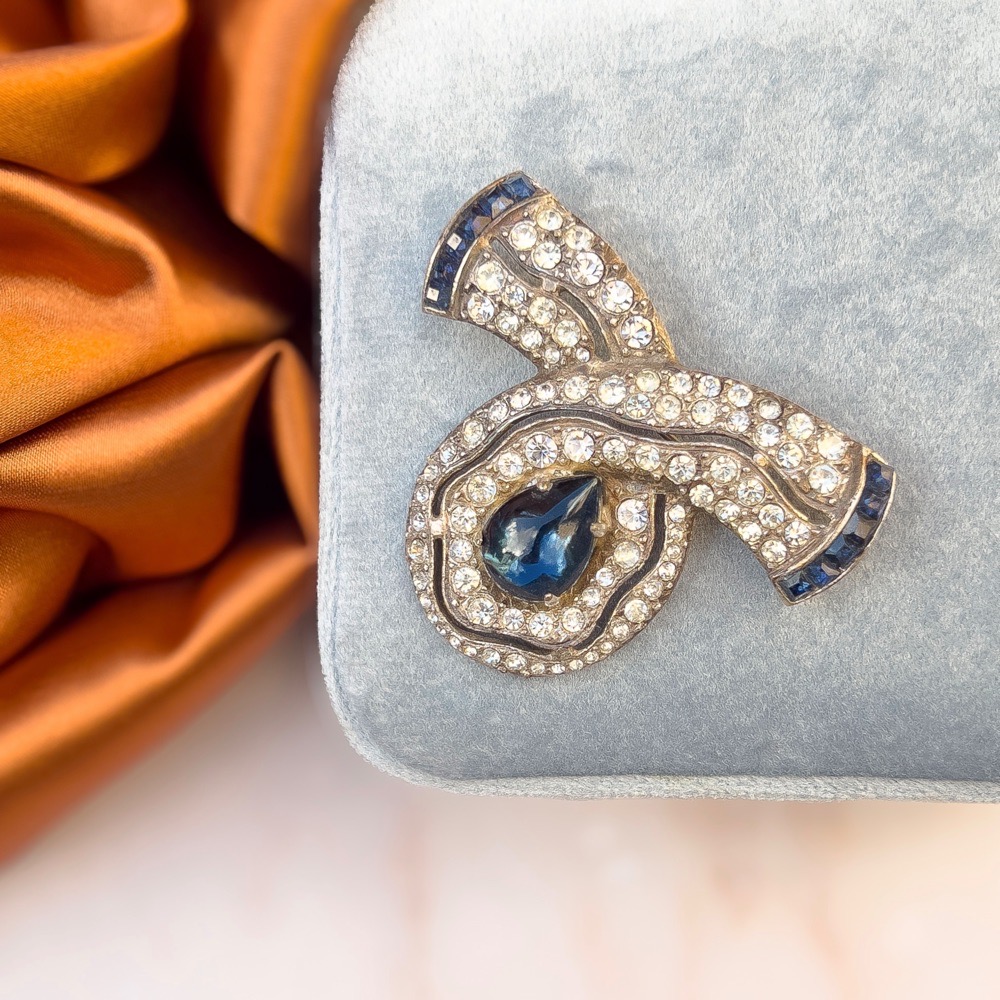 René Mittler Art Deco 1920s Paste and Sapphire Glass Vintage Brooch